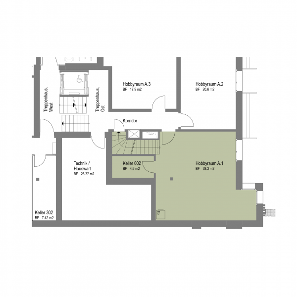 Wohnung 002 Erdgeschoss mit Treppe ins Untergeschoss + Hobbyraum